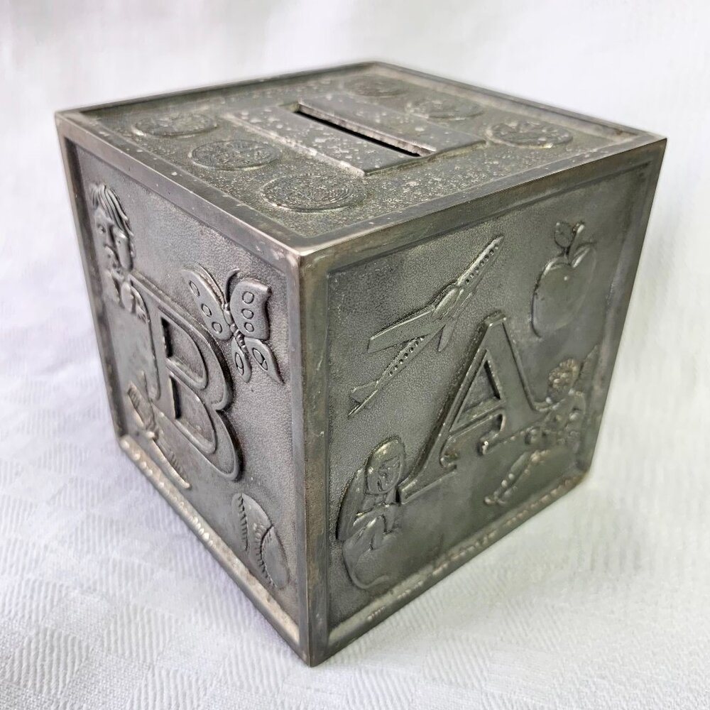 Home | 🇭🇰 Vintage Pewter Coin Bank, Alphabet Block, Nursery, Made in Hong Kong